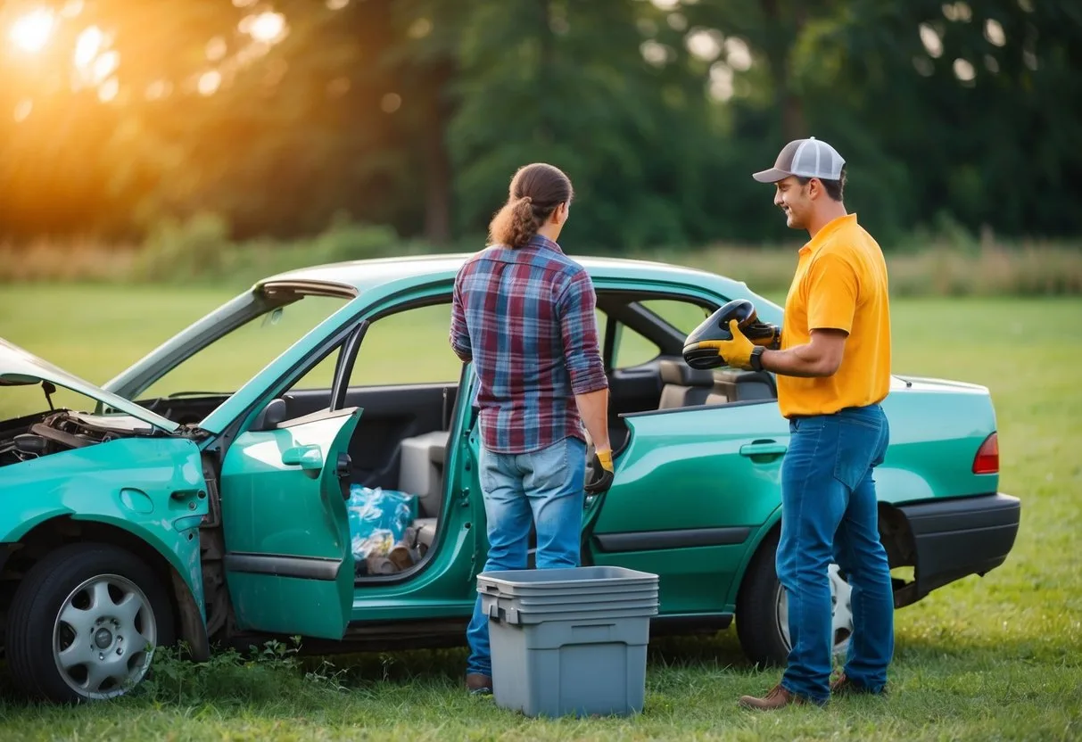 En person der sælger en ødelagt bil til genbrug og hjælper miljøet